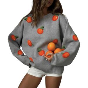 imagechouyatou Womens Cute Orange Pattern Pullover Sweater Color Block Crew Neck Knit Jumper TopsGray