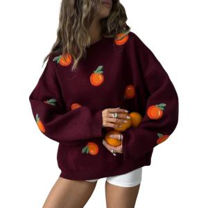 imagechouyatou Womens Cute Orange Pattern Pullover Sweater Color Block Crew Neck Knit Jumper TopsWine Red