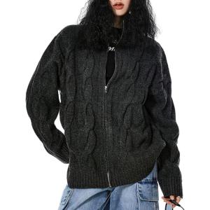 imagechouyatou Womens Cute Zip Up Knit Cable Cardigan Polo Neck Sweater Coat Loose Casual Cardigan Jacket TopBlack
