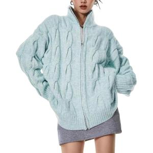 imagechouyatou Womens Cute Zip Up Knit Cable Cardigan Polo Neck Sweater Coat Loose Casual Cardigan Jacket TopBlue