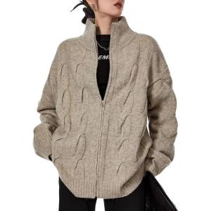 imagechouyatou Womens Cute Zip Up Knit Cable Cardigan Polo Neck Sweater Coat Loose Casual Cardigan Jacket TopCoffee