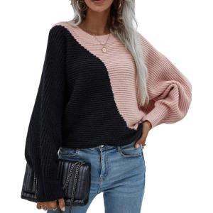 imagechouyatou Womens Fall Batwing Sleeve Knitted Sweater Color Block Loose Pullover Dolman Sweater TopsBlack Pink