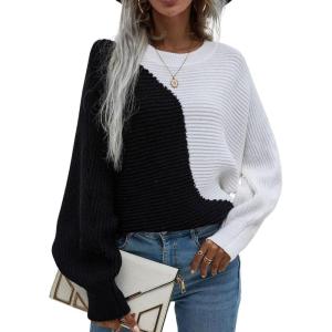 imagechouyatou Womens Fall Batwing Sleeve Knitted Sweater Color Block Loose Pullover Dolman Sweater TopsBlack White