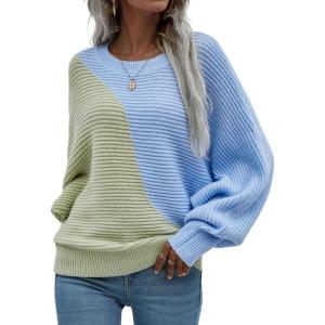 imagechouyatou Womens Fall Batwing Sleeve Knitted Sweater Color Block Loose Pullover Dolman Sweater TopsGreen Blue