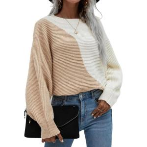 imagechouyatou Womens Fall Batwing Sleeve Knitted Sweater Color Block Loose Pullover Dolman Sweater TopsKhaki