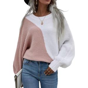 imagechouyatou Womens Fall Batwing Sleeve Knitted Sweater Color Block Loose Pullover Dolman Sweater TopsPink White