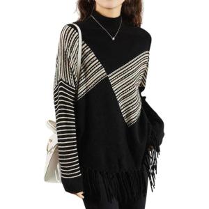 imagechouyatou Womens Floral Striped Printed Sweater Color Block Rib Knit Tassel Fringe Pullover SweaterBlack