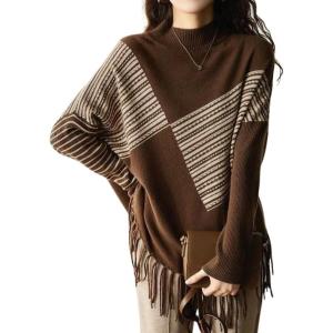 imagechouyatou Womens Floral Striped Printed Sweater Color Block Rib Knit Tassel Fringe Pullover SweaterBrown