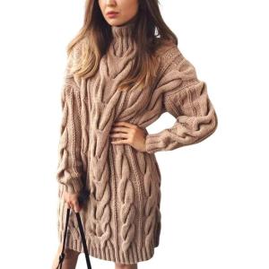 imagechouyatou Womens Oversized Cable Knit Midi Sweater Dress Turtleneck Long Sleeve Pullover Jumper TopsKhaki