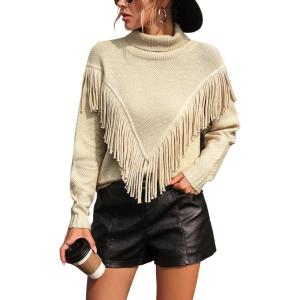 imagechouyatou Womens Oversized Fringe Tassel Sweater Long Sleeve Turtleneck Knitted Pullover Jumper TopsApricot