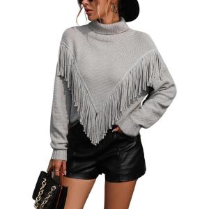 imagechouyatou Womens Oversized Fringe Tassel Sweater Long Sleeve Turtleneck Knitted Pullover Jumper TopsGrey