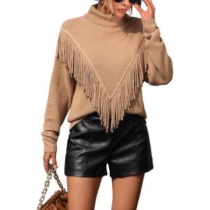 imagechouyatou Womens Oversized Fringe Tassel Sweater Long Sleeve Turtleneck Knitted Pullover Jumper TopsKhaki
