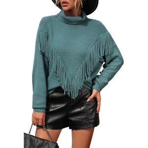 imagechouyatou Womens Oversized Fringe Tassel Sweater Long Sleeve Turtleneck Knitted Pullover Jumper TopsTurquoise Blue