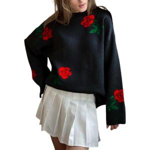 imagechouyatou Womens Rose Flower Pattern Pullover Sweaters Long Sleeve Floral Printed Knit Jumper TopsBlack