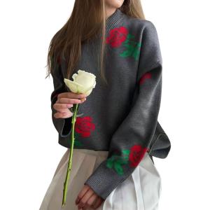 imagechouyatou Womens Rose Flower Pattern Pullover Sweaters Long Sleeve Floral Printed Knit Jumper TopsGray