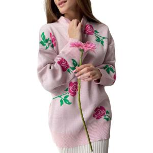 imagechouyatou Womens Rose Flower Pattern Pullover Sweaters Long Sleeve Floral Printed Knit Jumper TopsPink