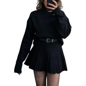 imagechouyatou Womens Turtleneck 2 Piece Outfits Long Sleeve Sweater and High Waist ALine Pleated Mini Skirt SetsBlack