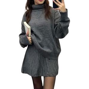 imagechouyatou Womens Turtleneck 2 Piece Outfits Long Sleeve Sweater and High Waist ALine Pleated Mini Skirt SetsGray