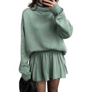 imagechouyatou Womens Turtleneck 2 Piece Outfits Long Sleeve Sweater and High Waist ALine Pleated Mini Skirt SetsGreen
