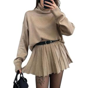 imagechouyatou Womens Turtleneck 2 Piece Outfits Long Sleeve Sweater and High Waist ALine Pleated Mini Skirt SetsKhaki