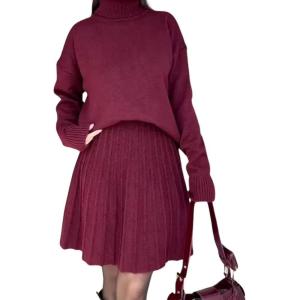 imagechouyatou Womens Turtleneck 2 Piece Outfits Long Sleeve Sweater and High Waist ALine Pleated Mini Skirt SetsWine Red