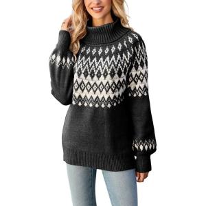 imagechouyatou Womens Vintage Fair Isle Pattern Turtleneck Knitted Pullover Sweater TopsBlack