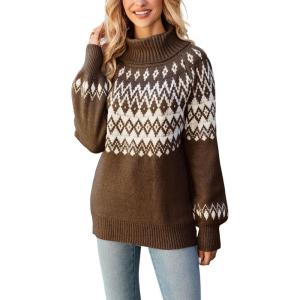 imagechouyatou Womens Vintage Fair Isle Pattern Turtleneck Knitted Pullover Sweater TopsBrown
