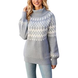 imagechouyatou Womens Vintage Fair Isle Pattern Turtleneck Knitted Pullover Sweater TopsGray