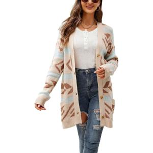 imagechouyatou Womens Western Aztec Print Button Down Boyfriend Knit Cardigan Sweaters with PocketsBeige Blue