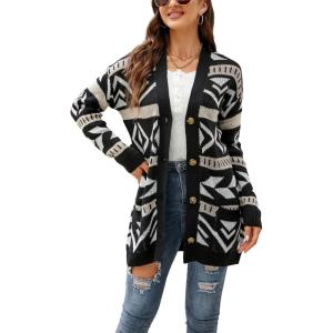 imagechouyatou Womens Western Aztec Print Button Down Boyfriend Knit Cardigan Sweaters with PocketsBlack