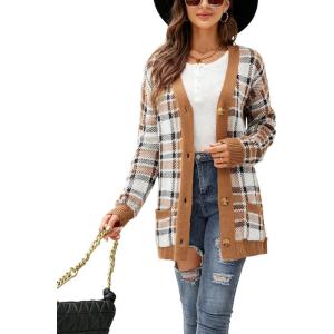 imagechouyatou Womens Western Aztec Print Button Down Boyfriend Knit Cardigan Sweaters with PocketsBrown Plaid