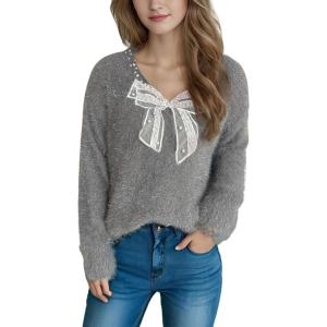 imagechouyatou Womens Y2K Pearl Beading Bow Trim Pullover Sweater V Neck Fuzzy Fleece Furry Knit Jumper TopsDark Gray