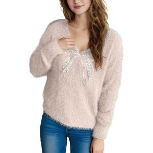 imagechouyatou Womens Y2K Pearl Beading Bow Trim Pullover Sweater V Neck Fuzzy Fleece Furry Knit Jumper TopsPink