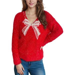imagechouyatou Womens Y2K Pearl Beading Bow Trim Pullover Sweater V Neck Fuzzy Fleece Furry Knit Jumper TopsRed