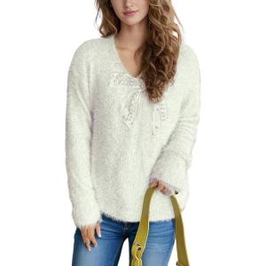 imagechouyatou Womens Y2K Pearl Beading Bow Trim Pullover Sweater V Neck Fuzzy Fleece Furry Knit Jumper TopsWhite