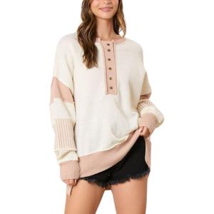 imagechouyatou Womens Y2K Ribbed Knit Sweater 12 Button Color Block Striped Spliced Sweater Pullover TopsKhaki