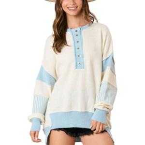 imagechouyatou Womens Y2K Ribbed Knit Sweater 12 Button Color Block Striped Spliced Sweater Pullover TopsLight Blue