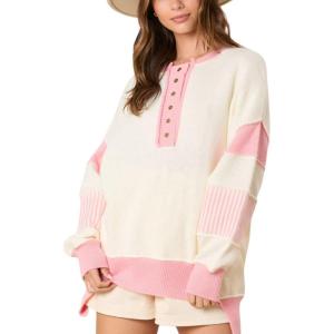 imagechouyatou Womens Y2K Ribbed Knit Sweater 12 Button Color Block Striped Spliced Sweater Pullover TopsPink