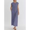 imagechouyatou Womens Baggy Contrast Striped Wide Leg Jumpsuit Button Down Dressy Overall Romper PantsPurple