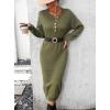 imagechouyatou Womens Fall Henley Neck Midi Sweater Dress Below Knee Casual Long Waffle Knit DressArmy Green