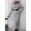 imagechouyatou Womens Fall Henley Neck Midi Sweater Dress Below Knee Casual Long Waffle Knit DressLight Grey