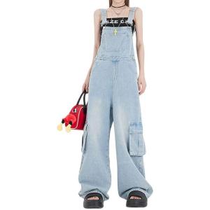 imagechouyatou Womens Adjustable Strap Denim Bib Overall Wide Leg Jeans Baggy Casual Pant JumpsuitsLight Blue