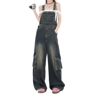 imagechouyatou Womens Adjustable Strap Denim Bib Overall Wide Leg Jeans Baggy Casual Pant JumpsuitsVintage Blue