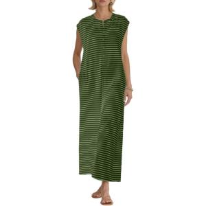 imagechouyatou Womens Baggy Contrast Striped Wide Leg Jumpsuit Button Down Dressy Overall Romper PantsDark Green