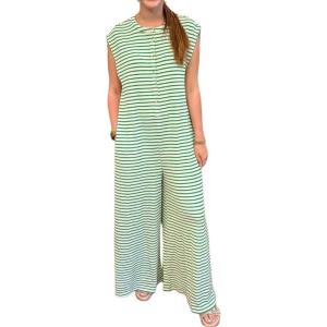 imagechouyatou Womens Baggy Contrast Striped Wide Leg Jumpsuit Button Down Dressy Overall Romper PantsGreen
