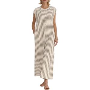 imagechouyatou Womens Baggy Contrast Striped Wide Leg Jumpsuit Button Down Dressy Overall Romper PantsKhaki