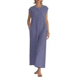 imagechouyatou Womens Baggy Contrast Striped Wide Leg Jumpsuit Button Down Dressy Overall Romper PantsPurple