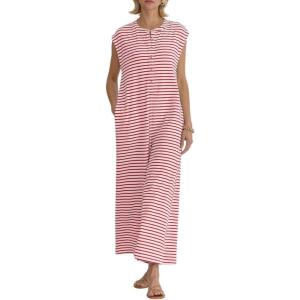 imagechouyatou Womens Baggy Contrast Striped Wide Leg Jumpsuit Button Down Dressy Overall Romper PantsRed