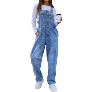 imagechouyatou Womens Casual Baggy Denim Bib Overall Straight Leg Y2K Mid Rise Boyfriend Jeans JumpsuitBlue