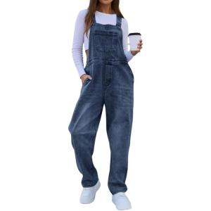 imagechouyatou Womens Casual Baggy Denim Bib Overall Straight Leg Y2K Mid Rise Boyfriend Jeans JumpsuitDark Blue